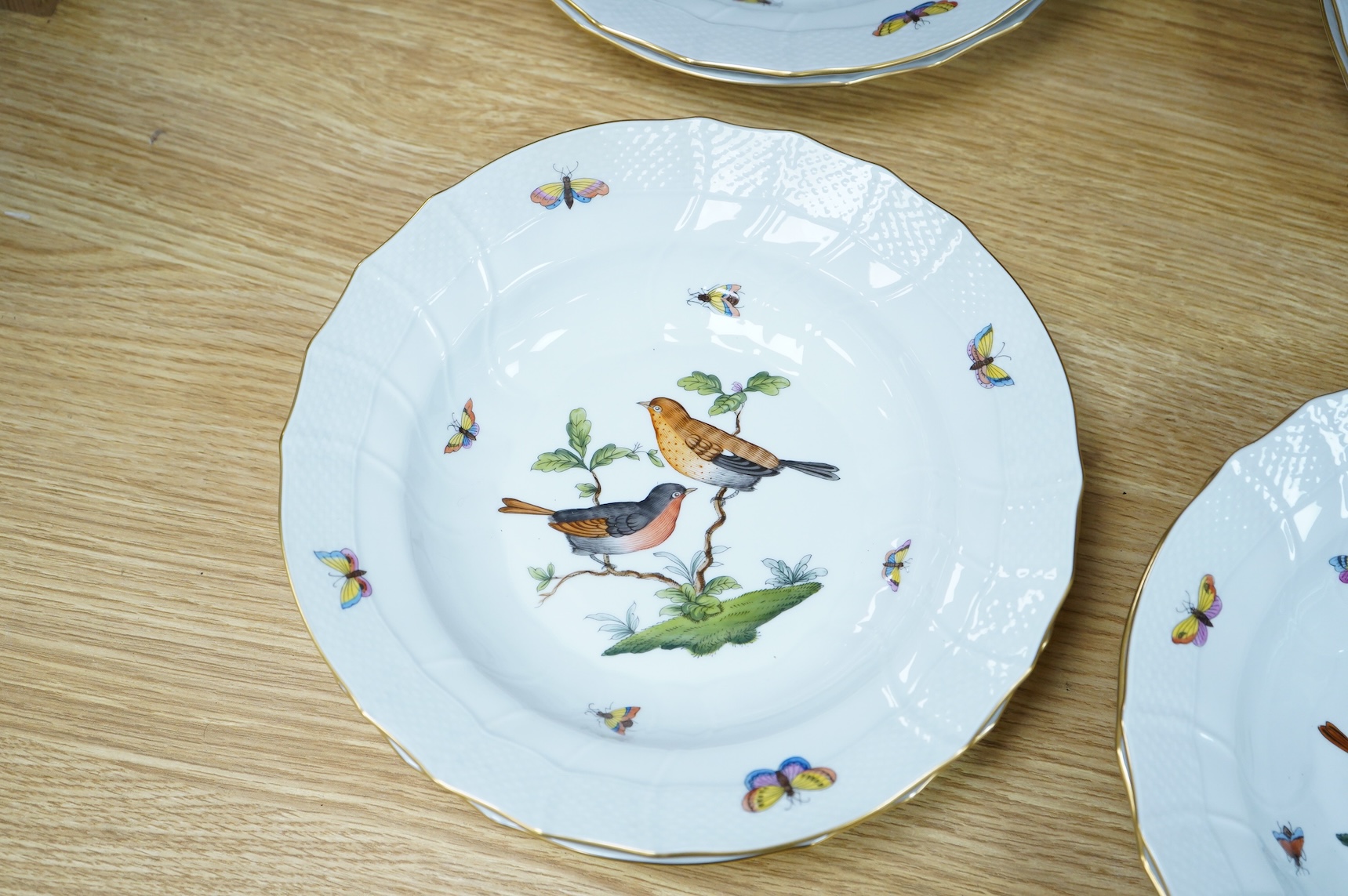 Eight Herend Rothschild 'birds' soup plates, 24cm in diameter
